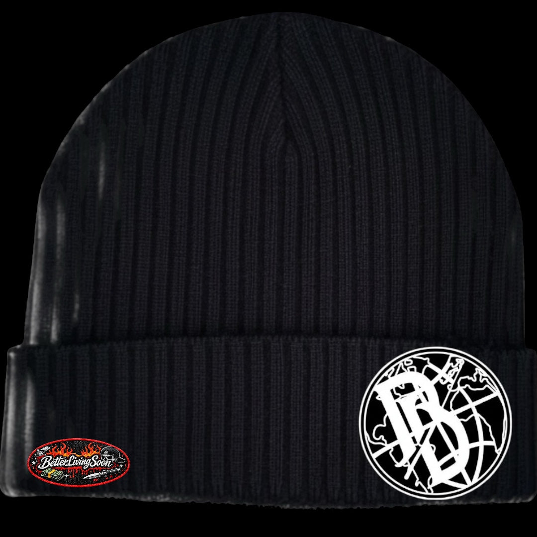 Black beanie with a logo and text on a black background