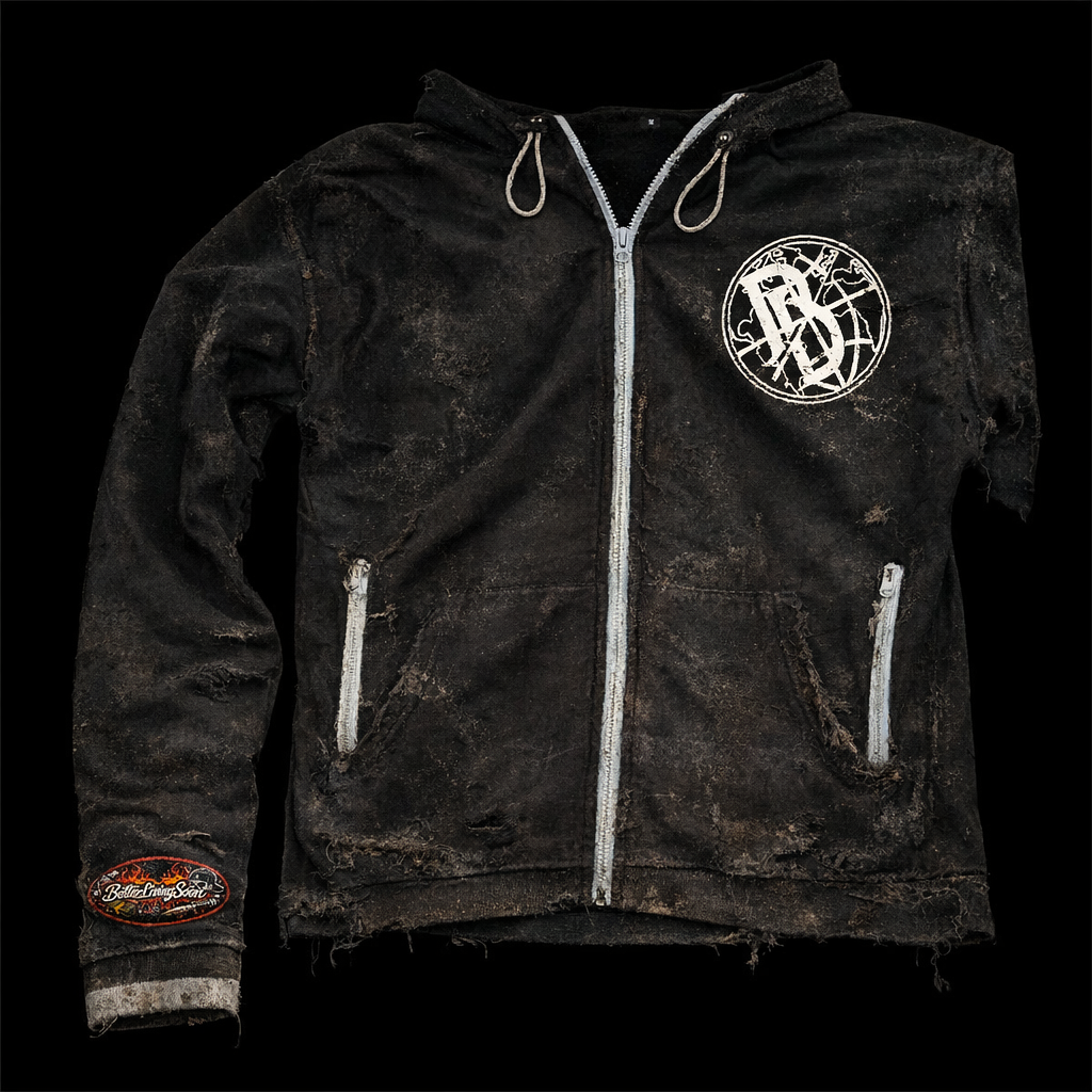 Rustic black jacket with white zipper and logo on a black background